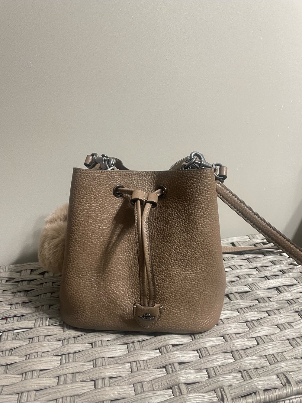 Coach Taupe Pebbled Leather Drawstring Crossbody